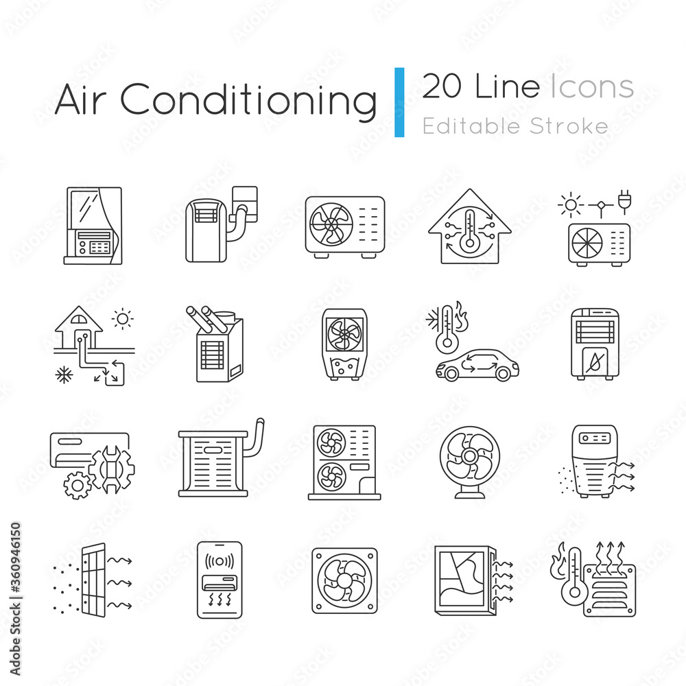 Air conditioning linear icons set. Climate control technology сustomizable thin line contour symbols. Temperature control appliances and systems. Isolated vector outline illustrations. Editable stroke