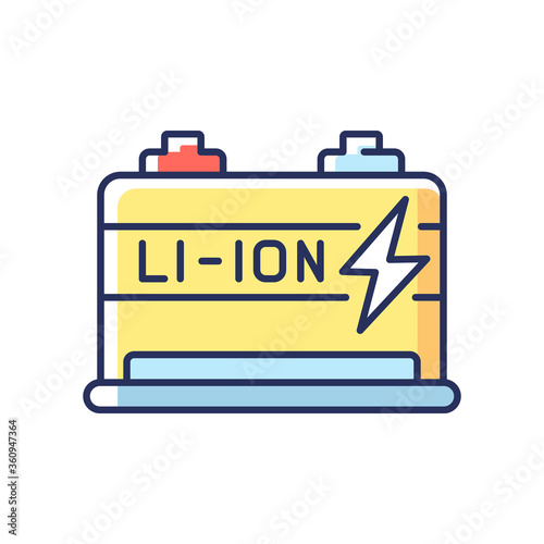 Lithium ion battery RGB color icon. Modern electric equipment. Electric vehicle motor. Contemporary energy efficient accumulator Isolated vector illustration