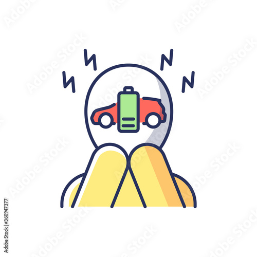 Range anxiety RGB color icon. Electric vehicle owner stress, psychological problem. Fear of low EV battery capacity. Worried driver Isolated vector illustration