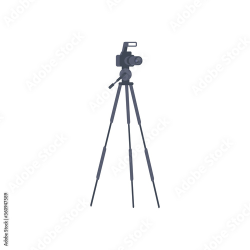 Camera on tripod semi flat RGB color vector illustration. DSLR photocamera isolated cartoon object on white background. Modern photographic equipment. Video streaming, blogging attribute