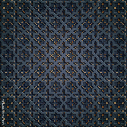 Symmetrical abstract vector background in arabian style made of emboss geometric shapes with shadow.