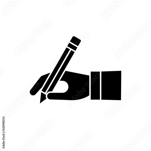 Copy writer black glyph icon. Hand hold pencil. Write signature. Hobby and craft. Tool for drawing. Handwriting on page. Silhouette symbol on white space. Vector isolated illustration
