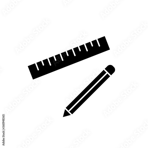 Pen and ruler black glyph icon. Stationary for school. Writing tool for geometry class. Drawing instrument for project. Silhouette symbol on white space. Vector isolated illustration