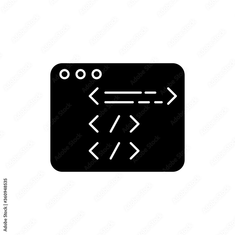 Fototapeta premium Website development black glyph icon. Open source code. HTML programming. Javascript edit. Work with framework. Screen with software. Silhouette symbol on white space. Vector isolated illustration