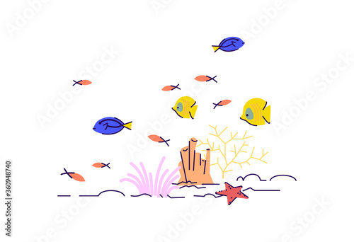 Underwater wildlife semi flat RGB color vector illustration. Coral reef in sea. Starfish on sand in depth of ocean. Nautical bottom. Tropical fish isolated cartoon character on white background