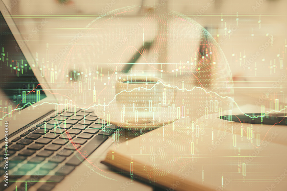 Double exposure of financial chart drawing and desktop with coffee and items on table background. Concept of forex market trading Double exposure of financial chart drawing and desktop with coffee and items on table background. Concept of forex market trading