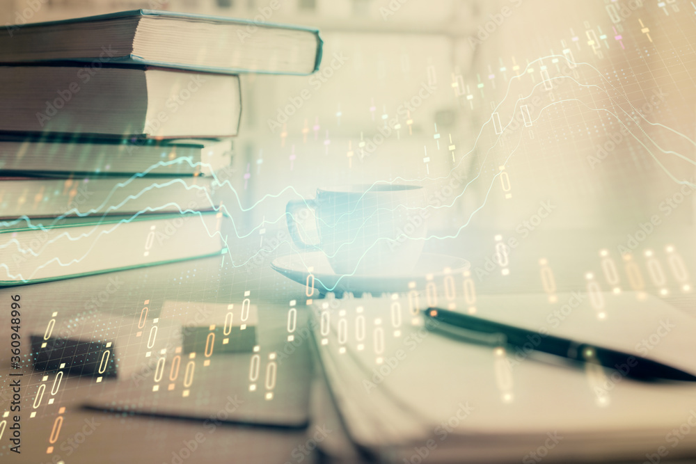 Double exposure of financial chart drawing and desktop with coffee and items on table background. Concept of forex market trading