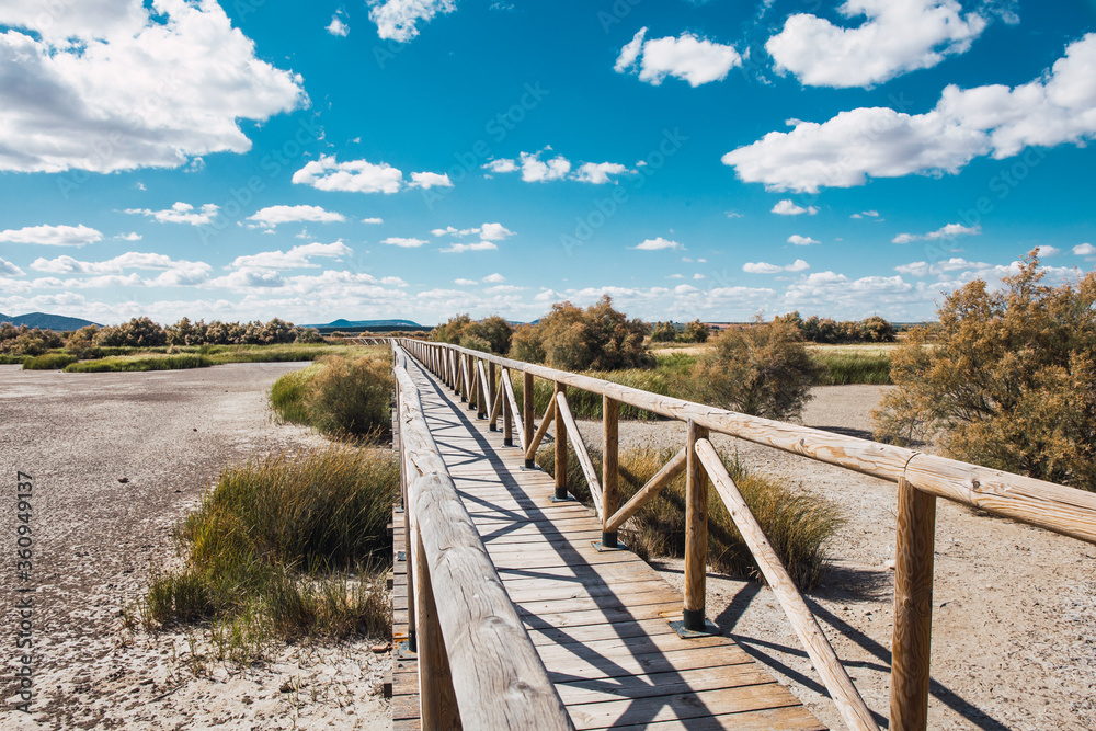Fototapeta premium Bridge. Wooden bridge on the lagoon “Fuente De Piedra”. 