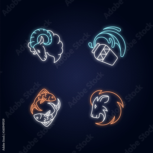 Horoscope signs neon light icons set. Ram, water bearer, lion and fish zodiac signs with outer glowing effect. Astrological prediction, fortune telling. Vector isolated RGB color illustrations