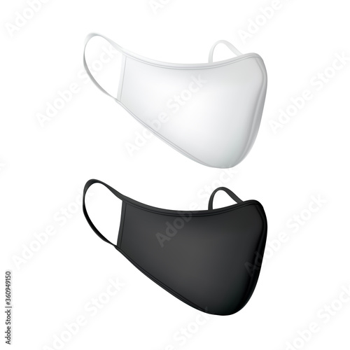 3d vector safety breathing mask, two face mask black and white color isolated on white background. Vector illustration.