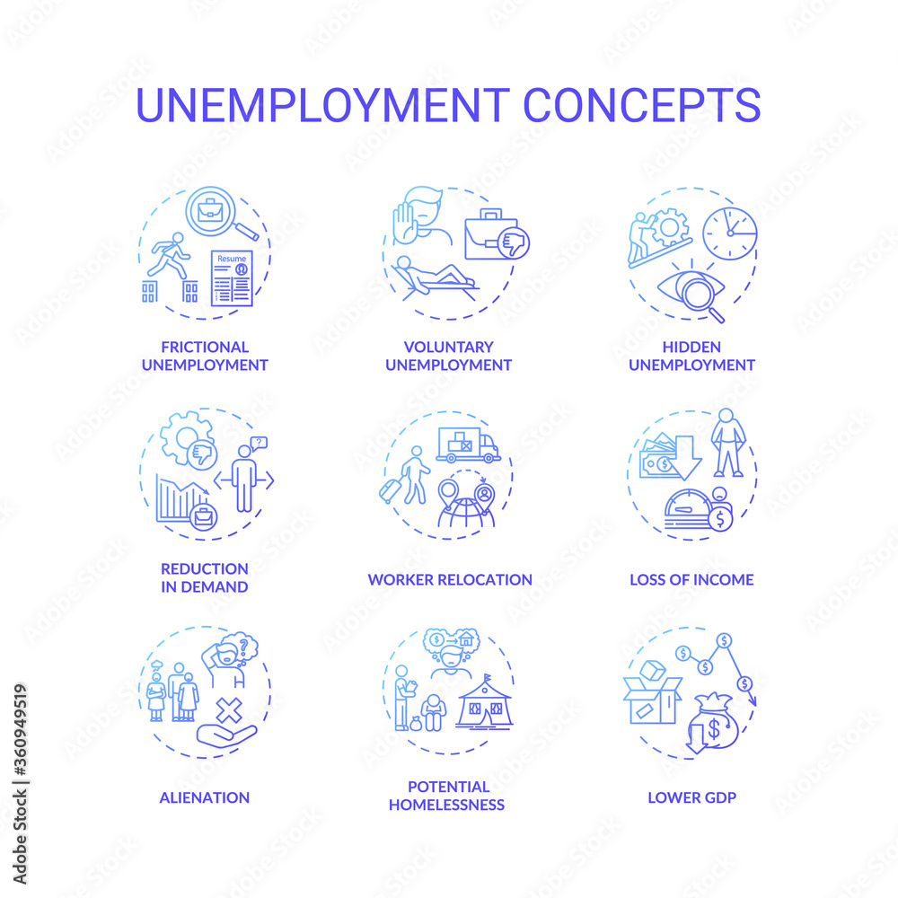 Unemployment type blue gradient concept icons set. Potential homelessness. Lower gross domestic production. Economic issue idea thin line RGB color illustrations. Vector isolated outline drawings