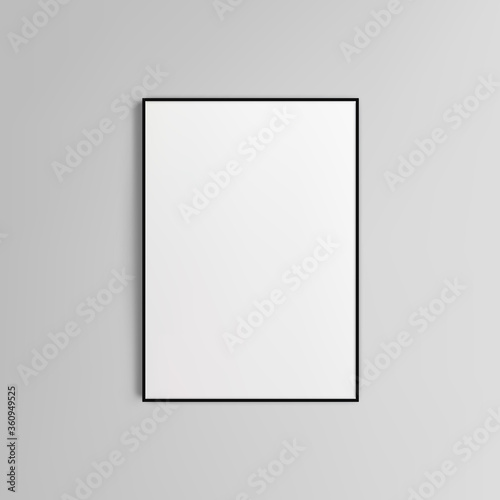 Realistic black colored vector picture A4 frame isolated on gray background.