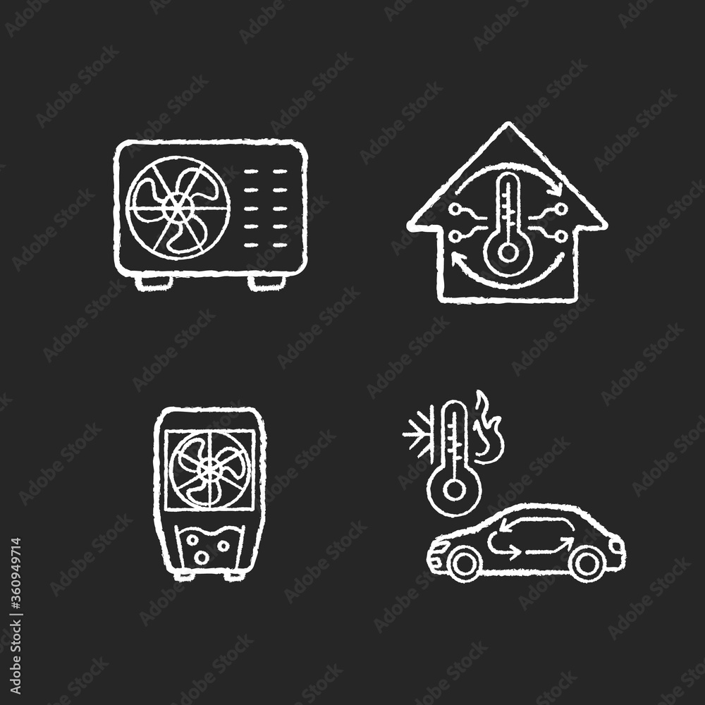 Climate control chalk white icons set on black background. Split air conditioner, evaporative cooler, central conditioning system and car ventilation. Isolated vector chalkboard illustrations Climate control chalk white icons set on black background. Split air conditioner, evaporative cooler, central conditioning system and car ventilation. Isolated vector chalkboard illustrations