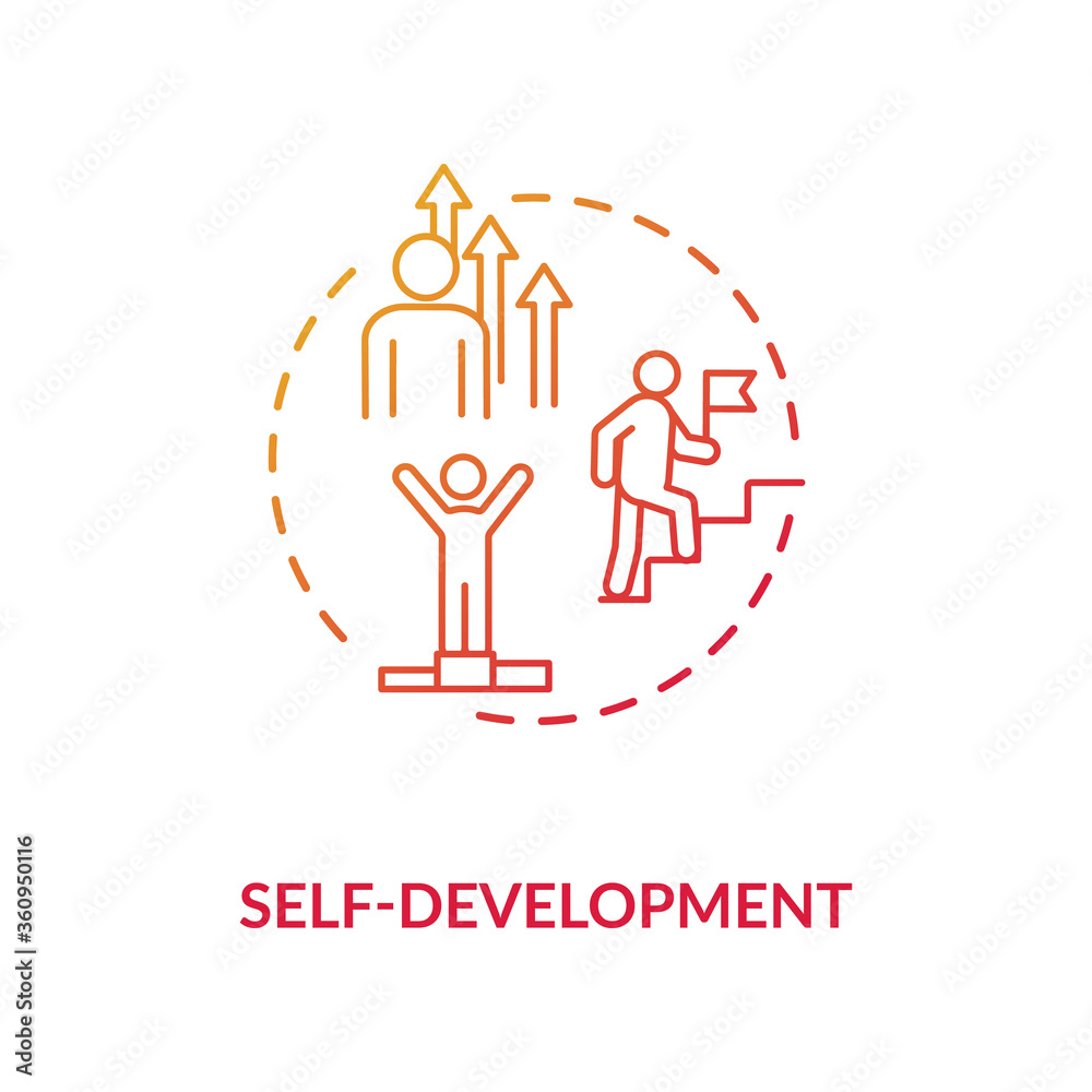 Self development red gradient concept icon. Achieve personal goals. Growth in skill. Motivation for success. Improvement idea thin line illustration. Vector isolated outline RGB color drawing Self development red gradient concept icon. Achieve personal goals. Growth in skill. Motivation for success. Improvement idea thin line illustration. Vector isolated outline RGB color drawing