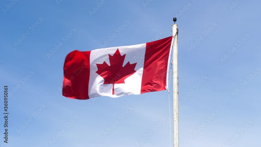Canadian Flag Waving on Pole, Close Up Static, Sky Background Canadian Flag Waving on Pole, Close Up Static, Sky Background