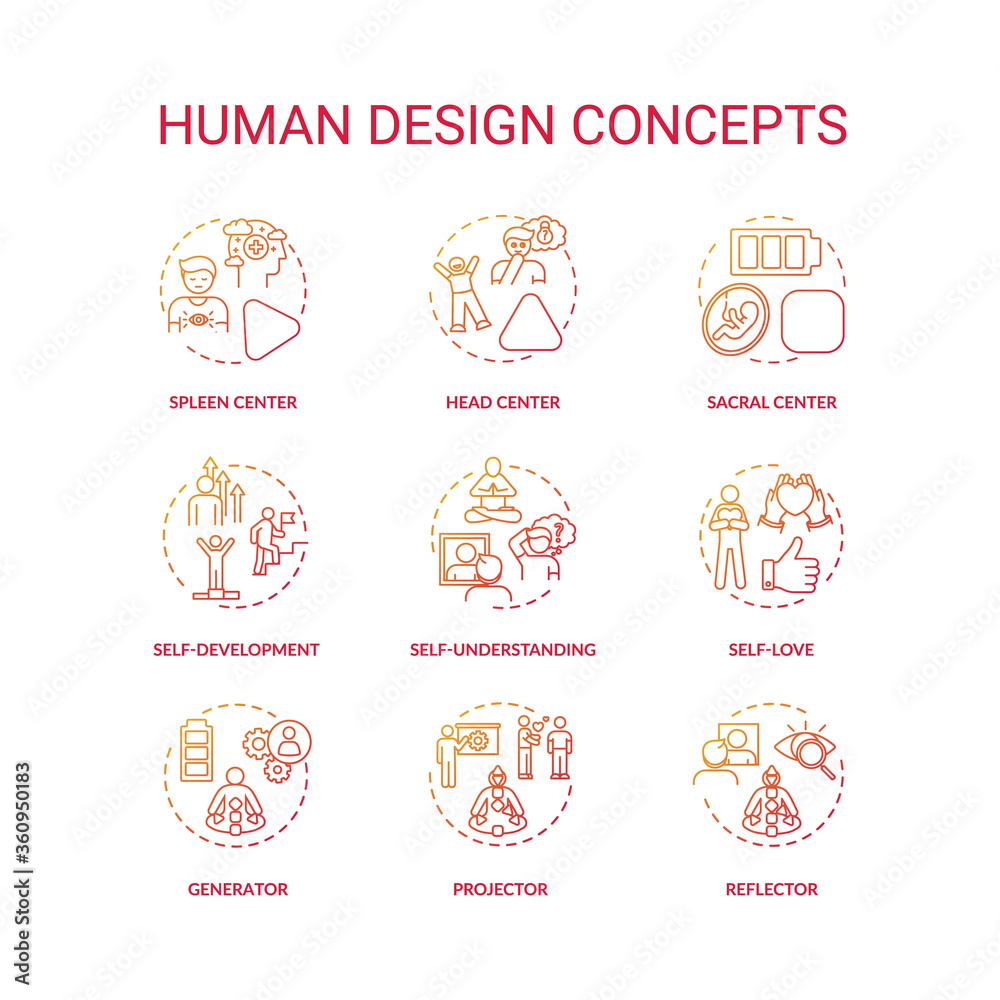 Human design red gradient concept icons set. Improve self understanding. Accept oneself. Chakra type. Individuality idea thin line RGB color illustrations. Vector isolated outline drawings