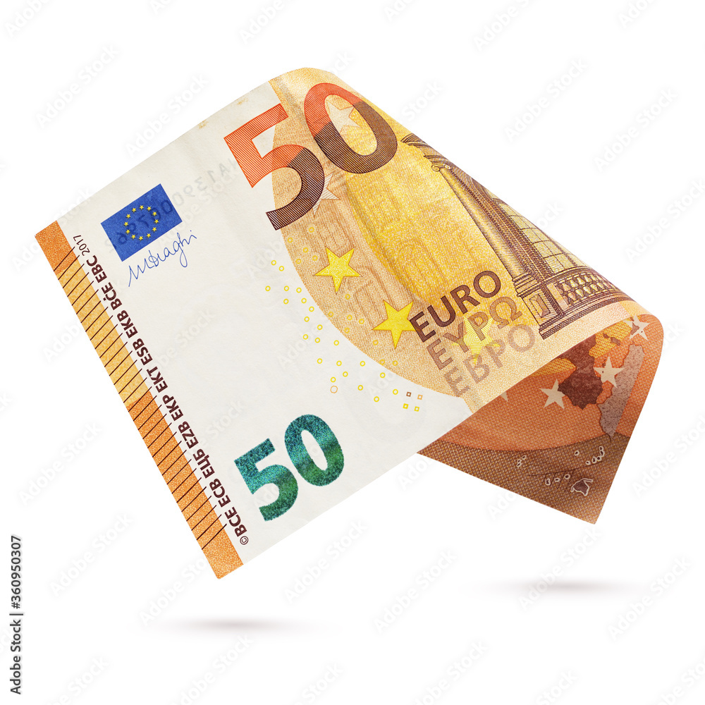 Fifty euro banknote isolated on a white background. - obrazy, fototapety, plakaty 