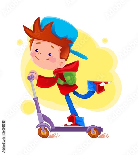 A small cheerful boy is riding a kick scooter with a backpack to school. A cartoon vector character. Funny isolated vector illustration.