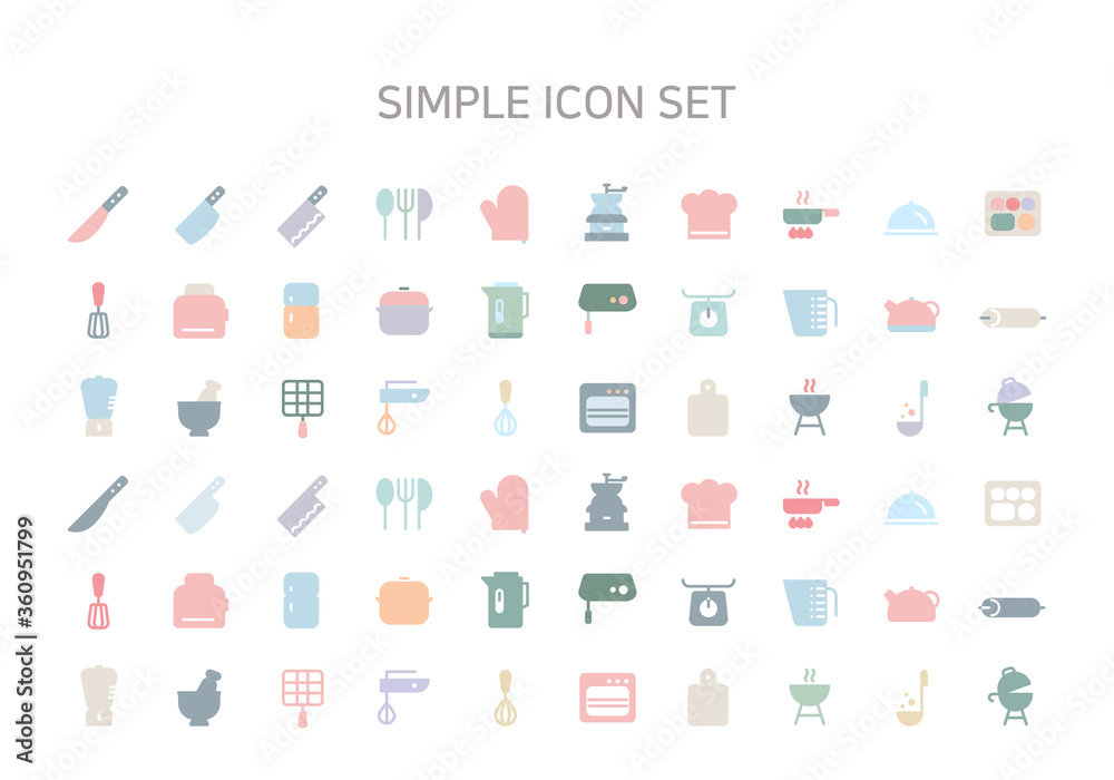 A set of Flat icon featuring a variety of kitchen utensils and cooking-related items.
A set of Flat icon featuring a variety of kitchen utensils and cooking-related items.