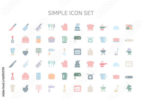 A set of Flat icon featuring a variety of kitchen utensils and cooking-related items.
