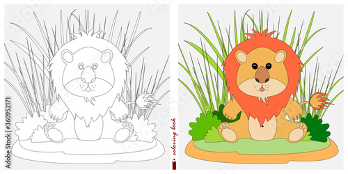 Black-and-white and color images for a color book. Contour drawing with children's themes. A small lion cub is sitting in a clearing among reeds and ferns. For color books, children prints, postcards