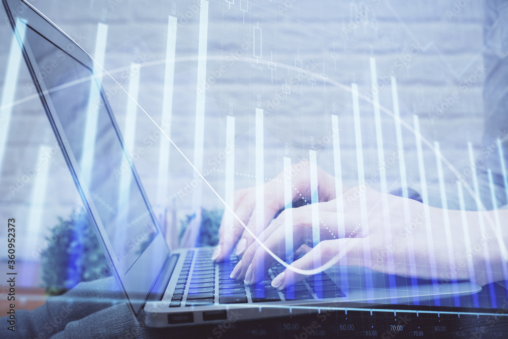 Multi exposure of woman hands typing on computer and forex chart hologram drawing. Stock market analysis concept. Multi exposure of woman hands typing on computer and forex chart hologram drawing. Stock market analysis concept.