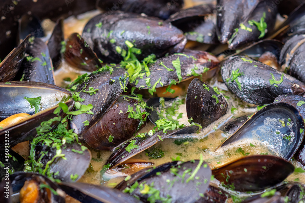 Moulesfrites or moules et frites a main dish of mussels and fries, considered to be the