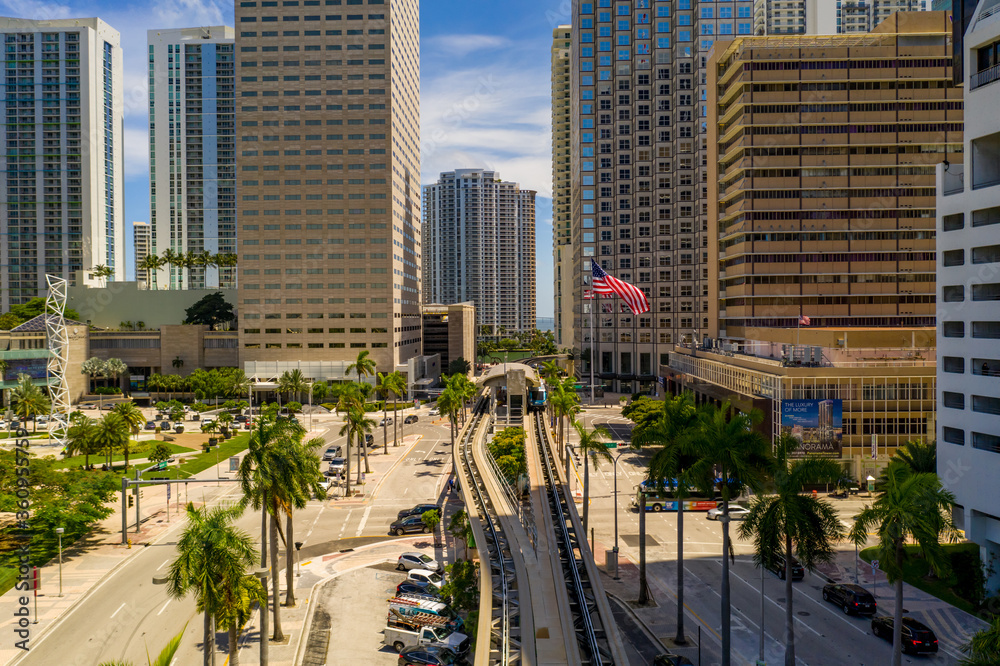 Downtown Miami Metrorail between highrise business buildings