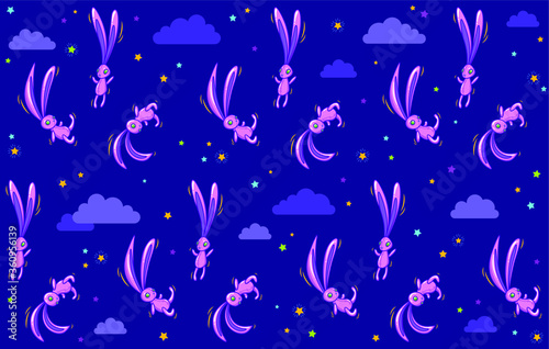 Seamless background with pink stylized rabbits and hares flying at night in the clouds among the stars  Wallpaper for children