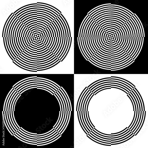 Spiral Design Abstract Patterns and Frames  Four black and white checkerboard  offset abstract spiral design patterns  frames with copy space..