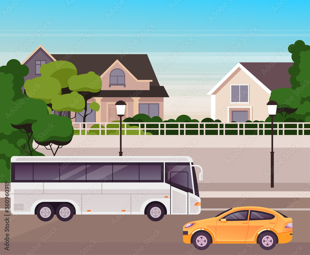 Obraz premium Small city town public transport concept. Vector flat cartoon graphic design illustration