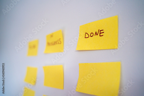 To do, In Progress, and Done are three most important status of agile methodology and scrum on software development. Sticky notes for the tasks