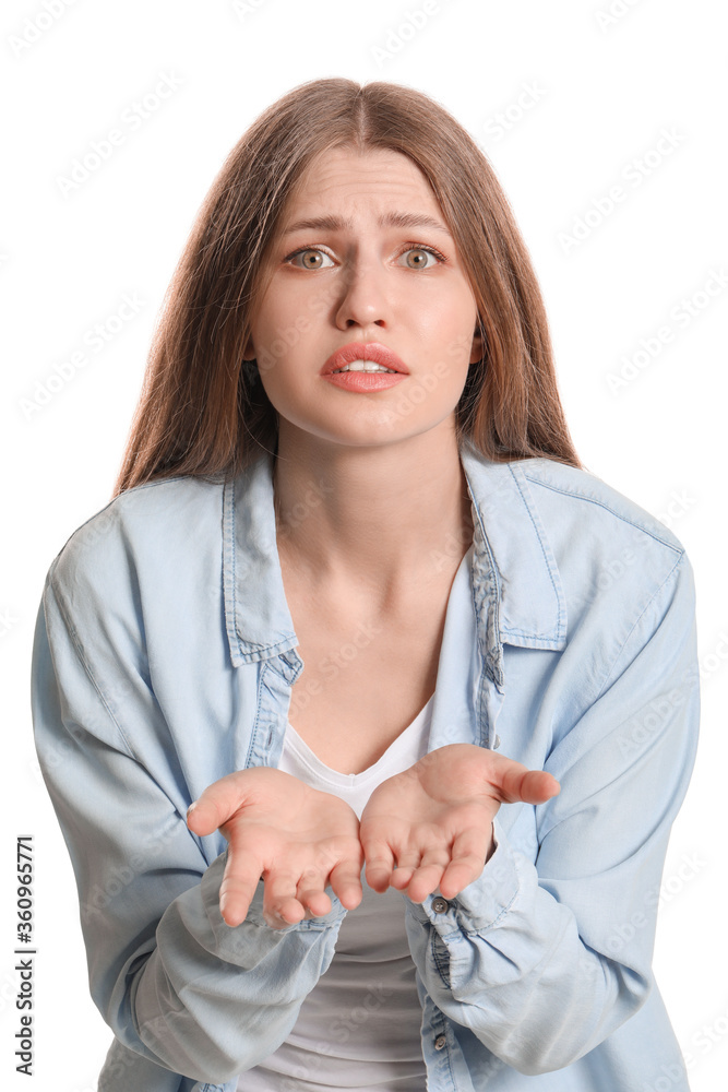 Apologizing young woman on white background Apologizing young woman on white background