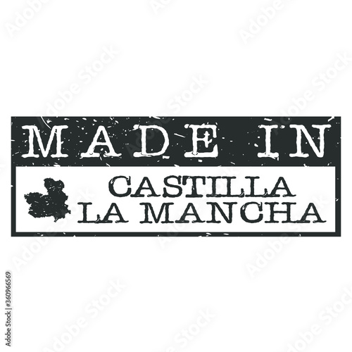 Made In Castile-La Mancha, Spain. Stamp Rectangle Map. Logo Icon Symbol. Design Certificated Vector.