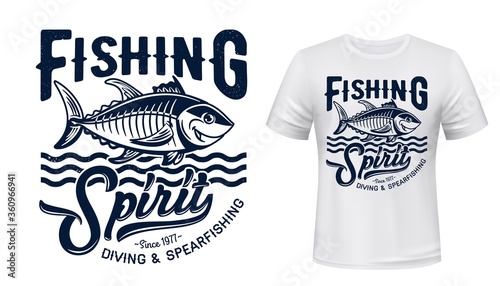 Tuna fish mascot t-shirt print vector mockup. Smiling tuna fish under sea water waves and grungy typography. Diving and spearfishing club, sport fishing hobby apparel custom design print template
