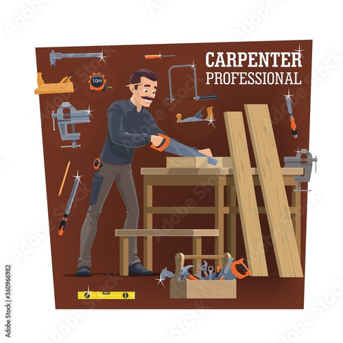 Carpentry workshop worker with tools, vector. Carpenter cutting a wood plank with handsaw and making furniture. Vise and joiner plane, jigsaw, file and measure tape, tools in toolbox. Woodwork