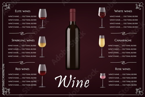 Restaurant wine list vector realistic menu. Restaurant wines collection menu with product description, filled beverages glasses and blank, corked bottle. Elite alcohol drinks shop pricing list