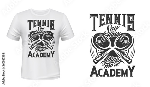 Tennis sport academy t-shirt print vector mockup. Two crossed tennis rackets and lettering. Racket sport item, tennis academy clothing custom design print, apparel mockup