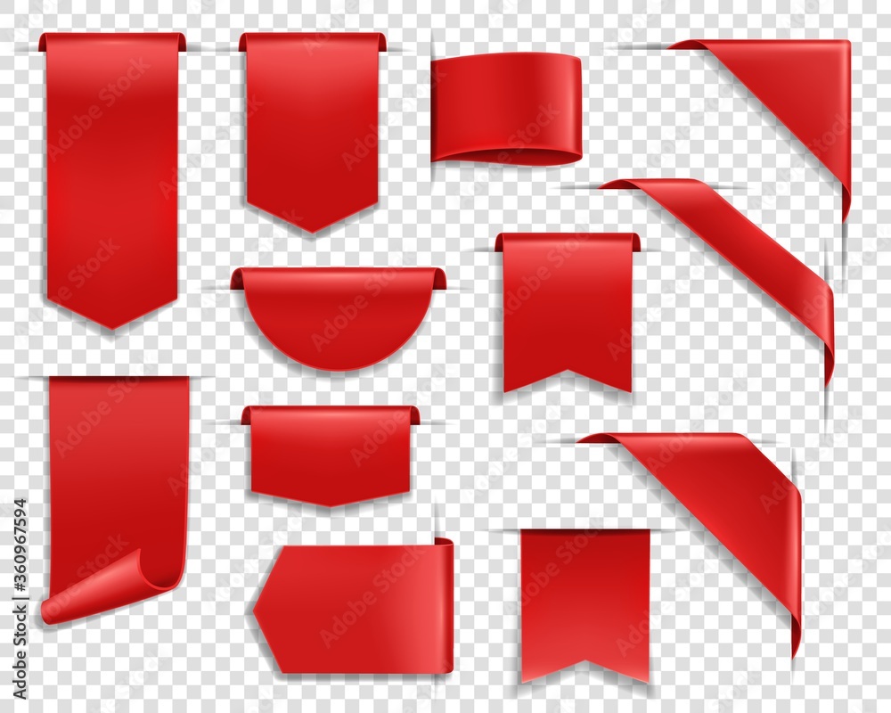 Red ribbons, labes and tags, banners and bookmark realistic vector