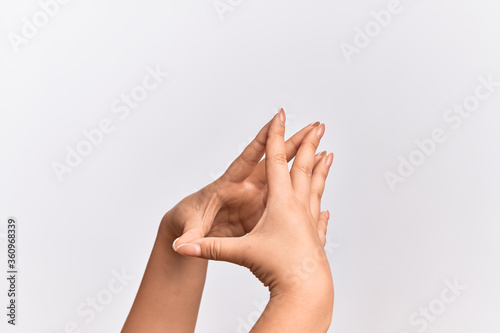 Hand of caucasian young woman touching fingertips of both hands  concentration and business thinking gesture