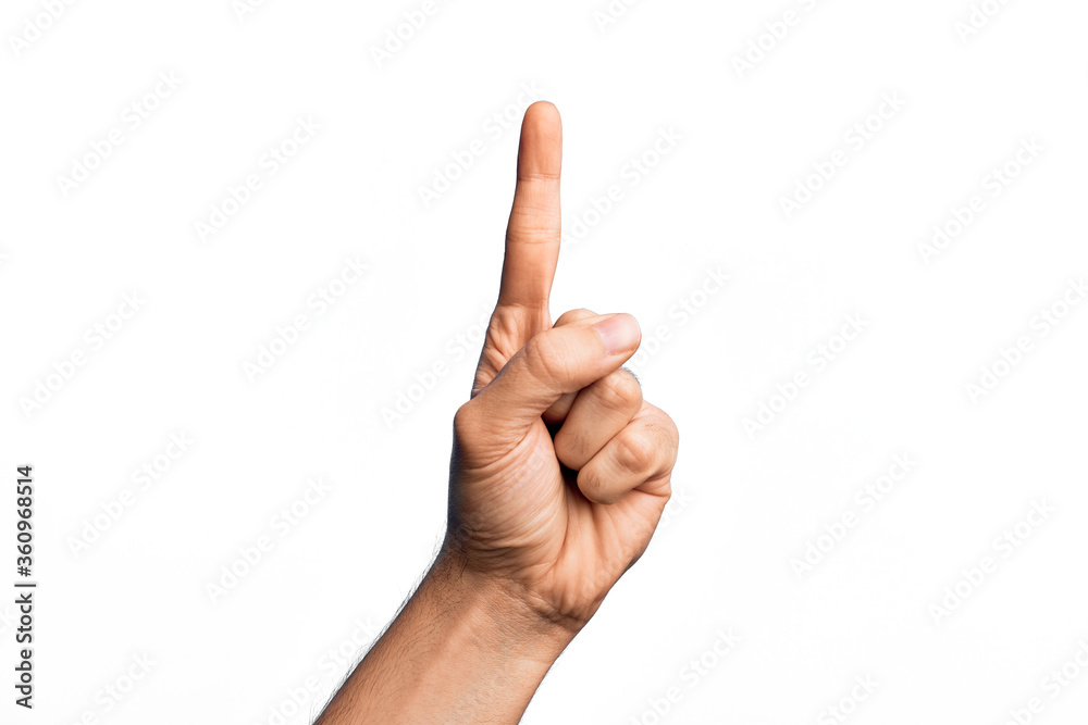 Hand of caucasian young man showing fingers over isolated white background counting number one using index finger, showing idea and understanding Hand of caucasian young man showing fingers over isolated white background counting number one using index finger, showing idea and understanding