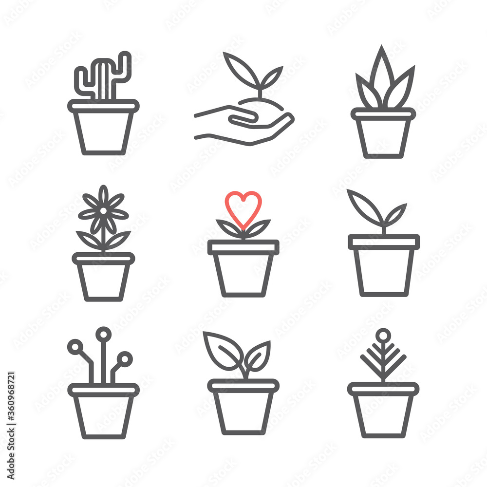 Fototapeta premium Set of plants in a pot. Line icons. Vector signs for web graphics.