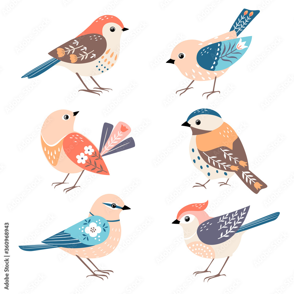 Fototapeta Set of cute colorful folk birds isolated on white background.