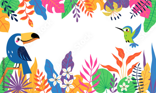 Bright colorful tropical background with cute toucan, hummingbird and place for your text. Vector image is cropped with clipping mask.