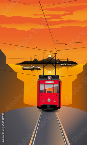 Moda Kadikoy line tram and Istanbul's ssilhouette at sunset