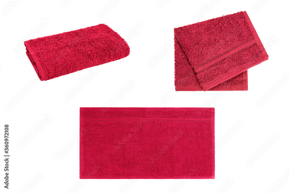 Set of terry red towel isolated on white background. Set of terry red towel isolated on white background.