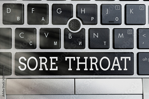 Conceptual hand writing showing Sore Throat. Concept meaning Inflammation ot the pharynx and fauces resulted from an irritation Pc keyboard key with note paper above background copy space photo