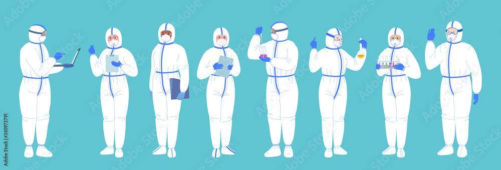 Scientist group in lab, protective suits, mask. Chemical laboratory ...