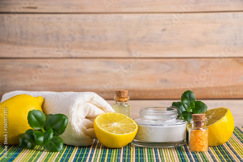 Eco cosmetics with lemon oil. Products for spa treatments  relax and alternative medicine.