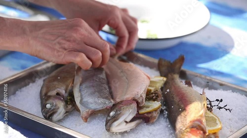 Stuffed patagonic trout in coarse salt photo